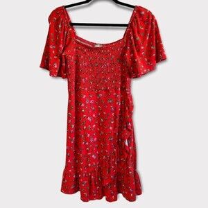 ASOS Shirred Red Ditsy Floral Faux Wrap Dress Size 6